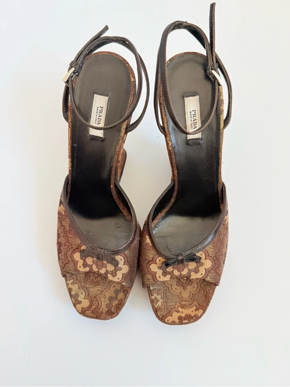 Prada Y2K Brocade Tapestry Wedge Sandals Brown Gold Jacquard Platform Heels 38